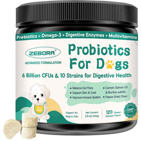 Frasco de suplemento ZEBORA Probióticos para Perros y Gatos 120 masticables
