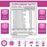 Tabla nutricional del suplemento Probióticos y Prebióticos ZEBORA para Mujer con Arándano 30 Bolsas de Polvo