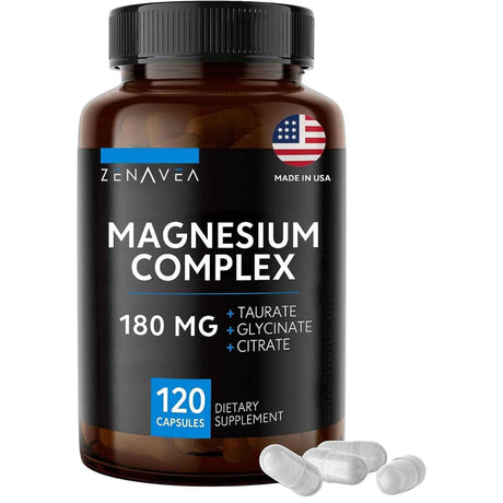 Frasco de suplemento Zenavea Complejo de Magnesio 180 mg 120 cápsulas