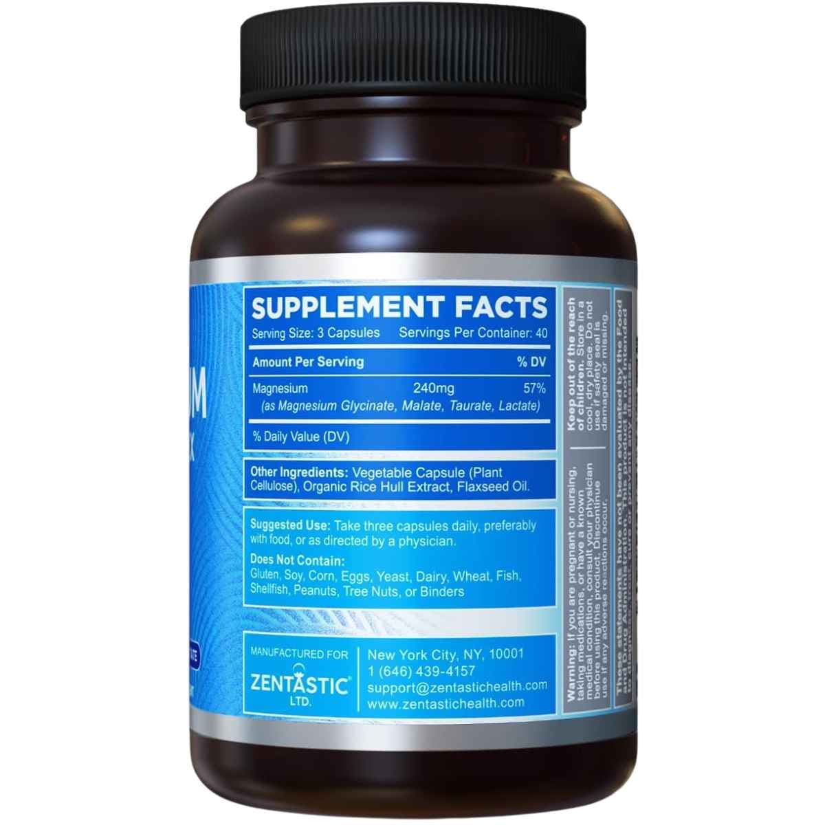 Tabla nutricional del suplemento Zentastic Complejo de Magnesio 4 en 1 120 cápsulas