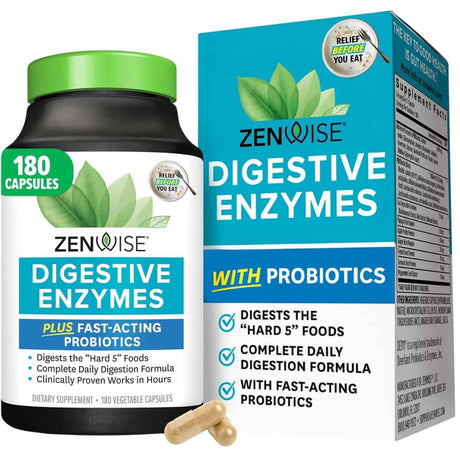 Frasco de suplemento Zenwise Enzimas Digestivas Plus Probióticos 180 cápsulas