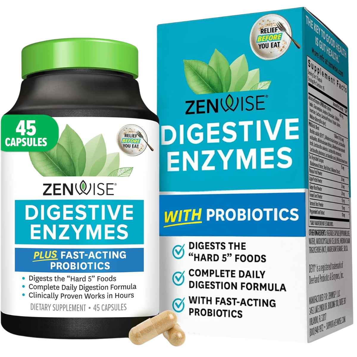 Frasco de suplemento Zenwise Enzimas Digestivas Plus Probióticos 45 cápsulas