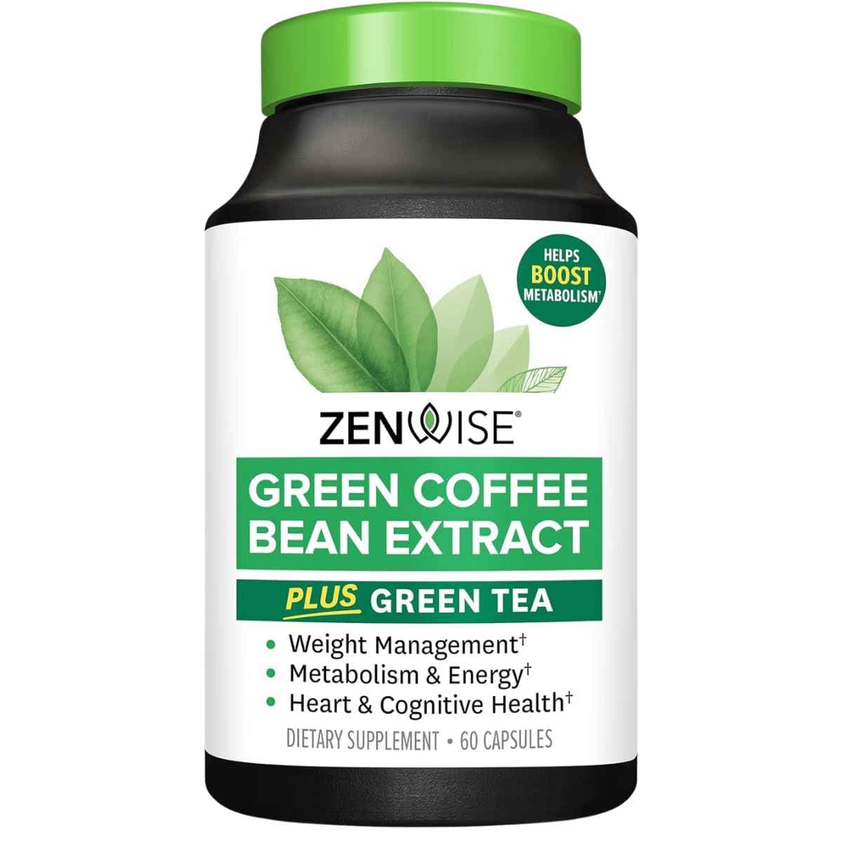 Frasco de suplemento Zenwise Extracto de Té Verde EGCG y Grano de Café Verde 500 mg 60 cápsulas