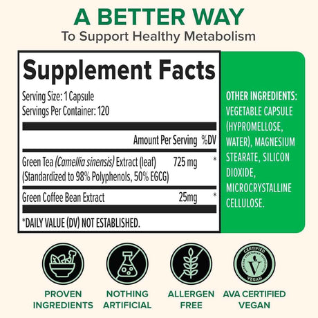 Tabla nutricional del suplemento Zenwise Extracto de Té Verde EGCG y Grano de Café Verde 725 mg 120 cápsulas