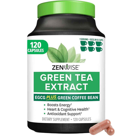Frasco de suplemento Zenwise Extracto de Té Verde EGCG y Grano de Café Verde 725 mg 120 cápsulas