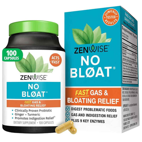 Frasco de suplemento Zenwise No Bloat Enzimas Digestivas con Cúrcuma y Jengibre 100 cápsulas