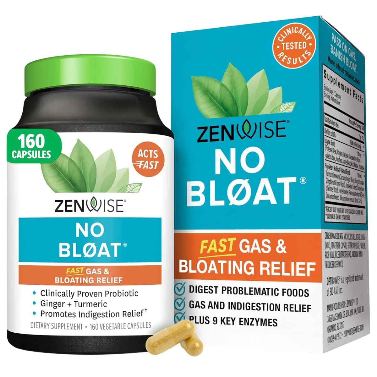 Frasco de suplemento Zenwise No Bloat Enzimas Digestivas con Cúrcuma y Jengibre 160 cápsulas