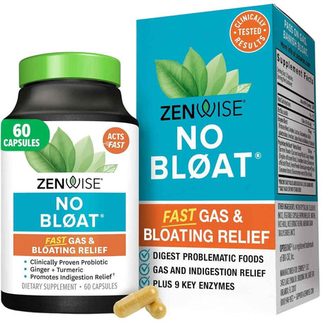 Frasco de suplemento Zenwise No Bloat Enzimas Digestivas con Cúrcuma y Jengibre 60 cápsulas