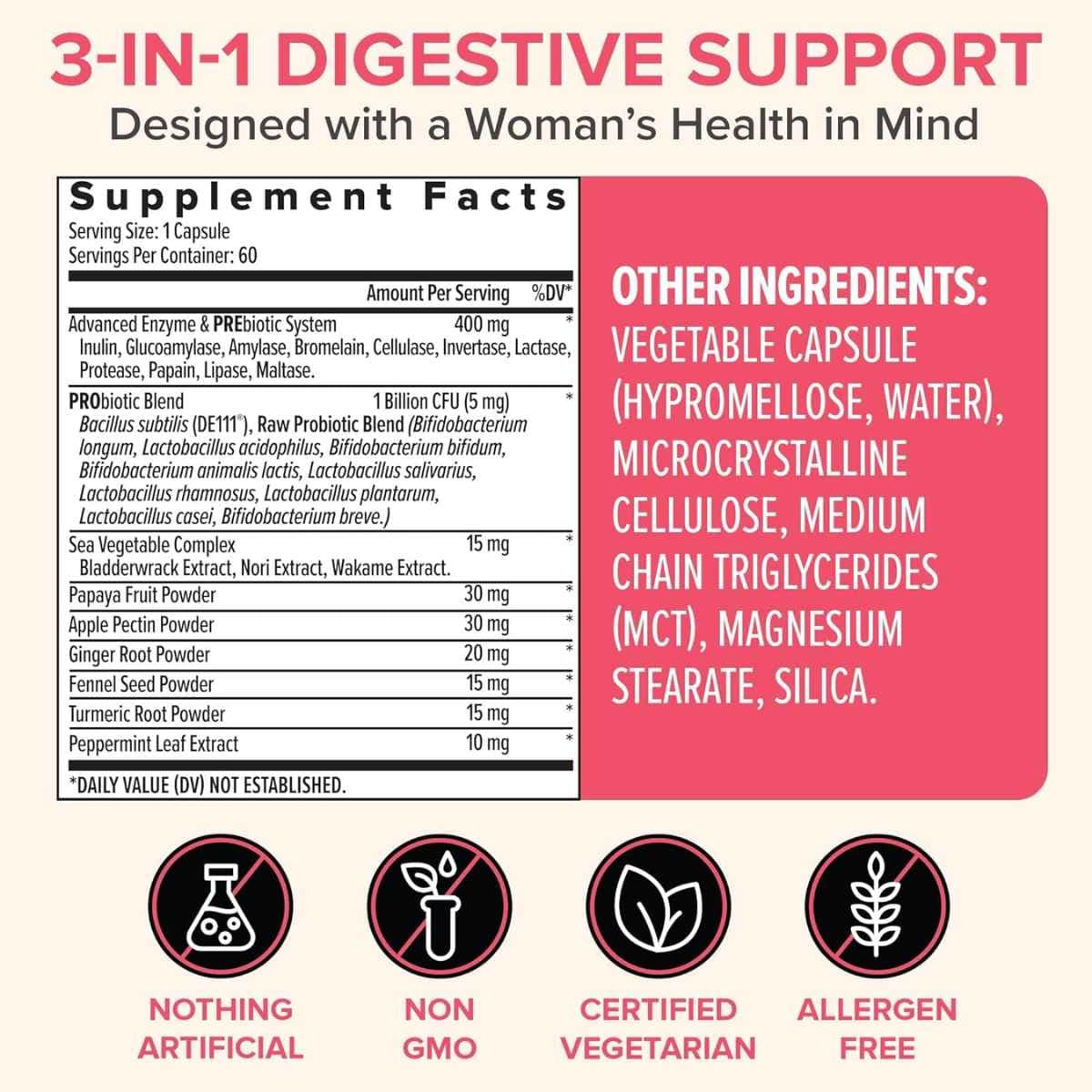 Tabla nutricional del suplemento Zenwise Probióticos Digestivos 3-en-1 para Mujeres 60 cápsulas