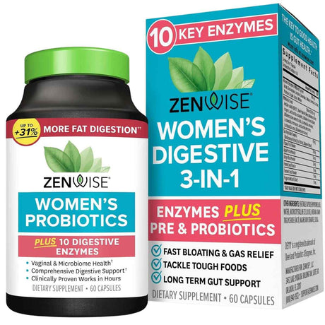 Frasco de suplemento Zenwise Probióticos Digestivos 3-en-1 para Mujeres 60 cápsulas