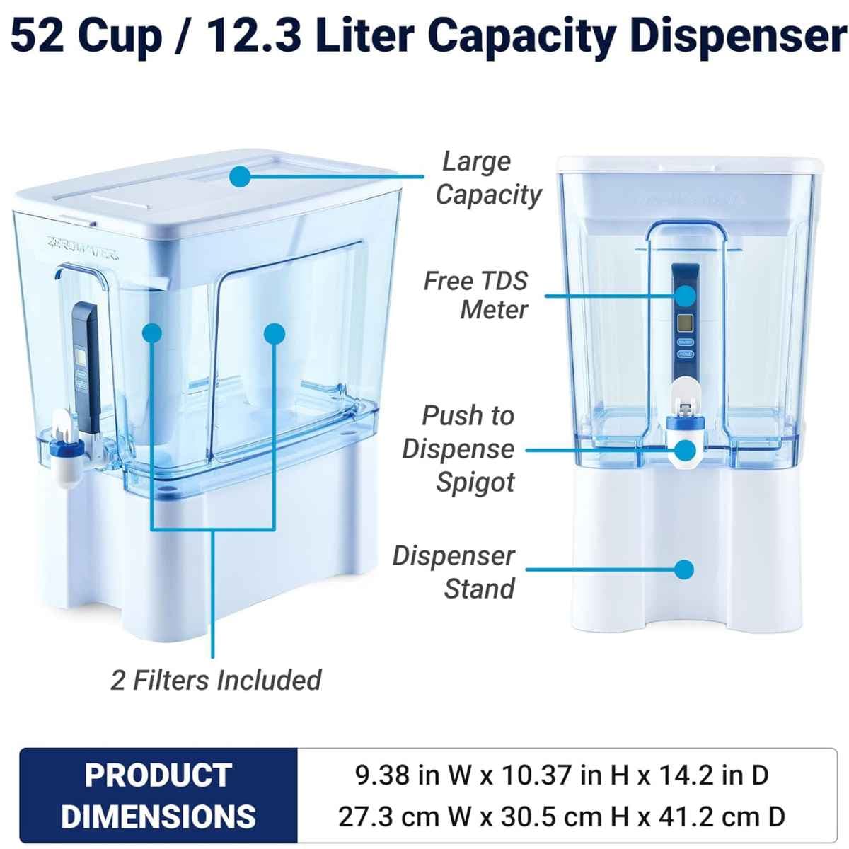 ZeroWater dispensador de agua con filtro de 52 tazas con capacidad, medidor TDS, base y dispensador