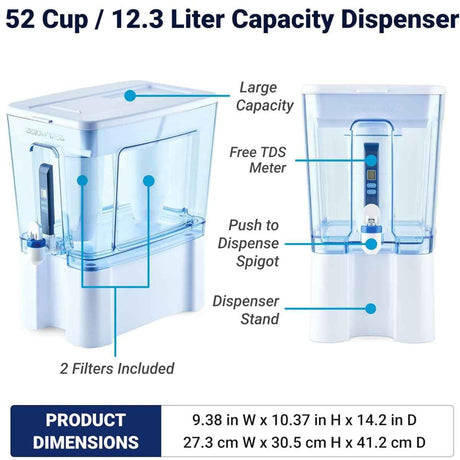 ZeroWater dispensador de agua con filtro de 52 tazas con capacidad, medidor TDS, base y dispensador