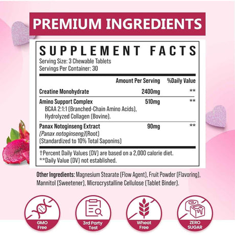 Tabla nutricional del suplemento Zeylamum Monohidrato de Creatina Sabor Fruta del Dragón 90 tabletas masticables