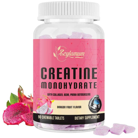 Frasco de suplemento Zeylamum Monohidrato de Creatina Sabor Fruta del Dragón 90 tabletas masticables