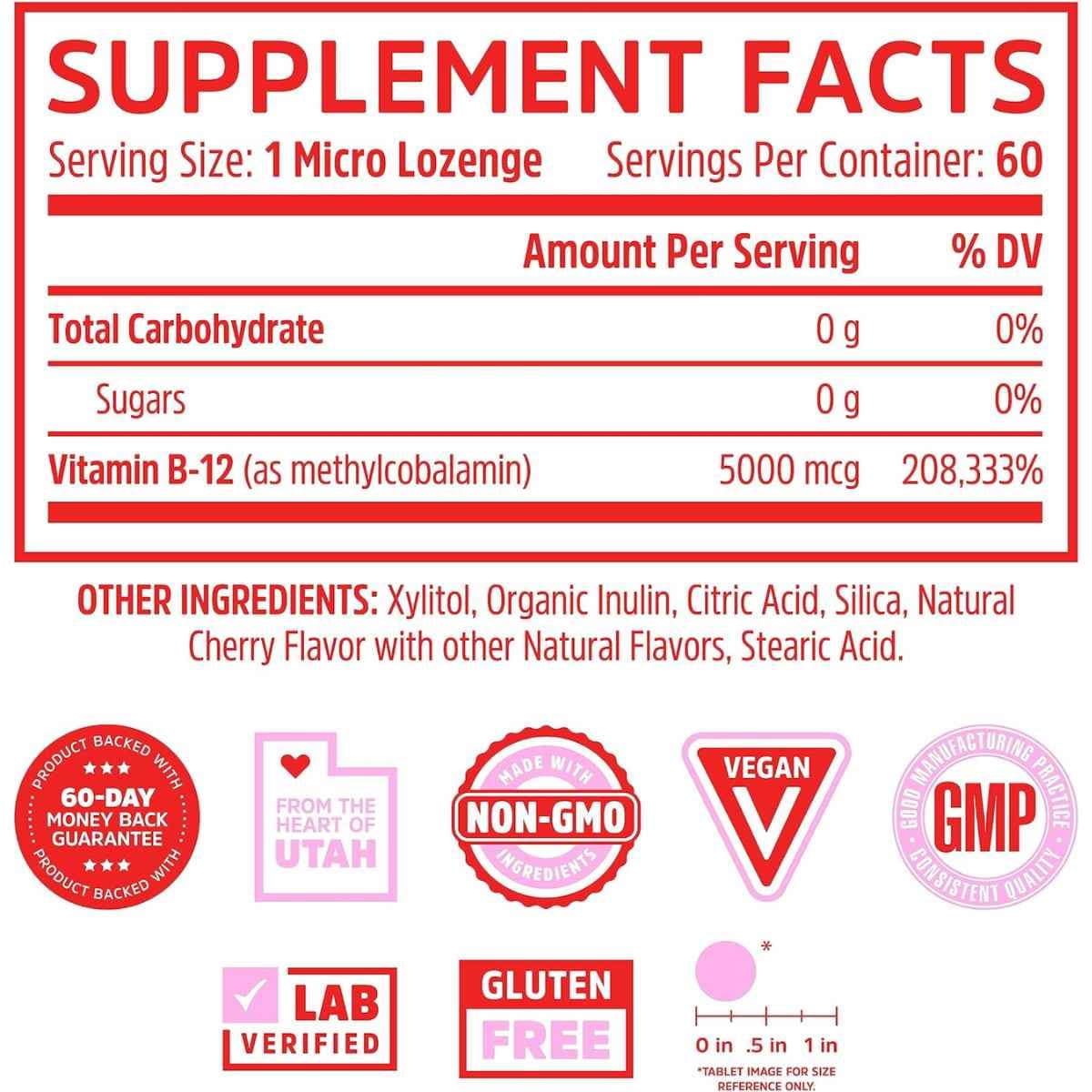 Tabla nutricional del suplemento Zhou Metil B-12 Sabor Cereza 60 tabletas sublinguales