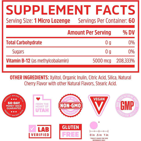 Tabla nutricional del suplemento Zhou Metil B-12 Sabor Cereza 60 tabletas sublinguales