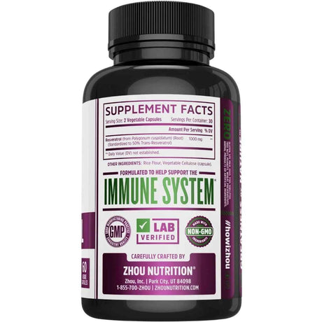 Tabla nutricional del suplemento Resveratrol Zhou Nutrition 60 cápsulas vegetales