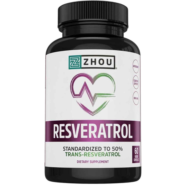 Frasco de suplemento Resveratrol Zhou Nutrition 60 cápsulas vegetales
