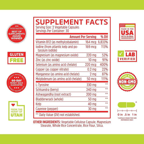 Tabla nutricional del suplemento Zhou Nutrition Soporte para la Tiroides con Yodo 60 Cápsulas Vegetales