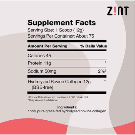 Tabla nutricional del suplemento Z!NT Péptidos de Colágeno Bovino Hidrolizado 2 lb Polvo