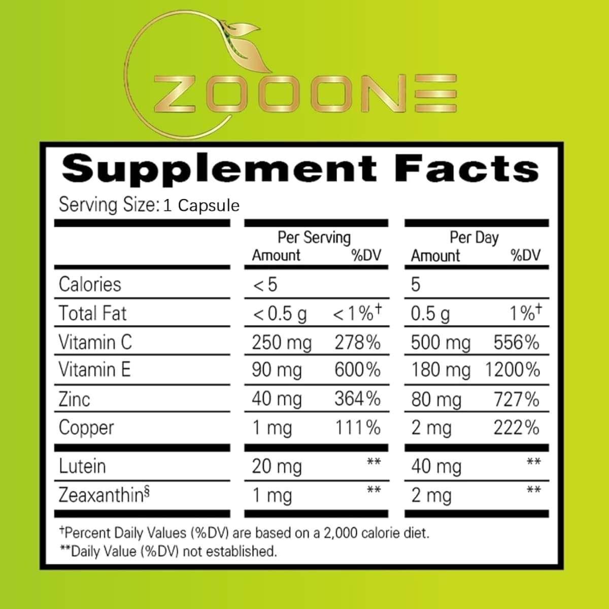 Tabla nutricional del suplemento Zooone Vitaminas para Ojos con Luteína 90 Cápsulas
