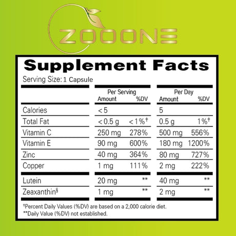 Tabla nutricional del suplemento Zooone Vitaminas para Ojos con Luteína 90 Cápsulas