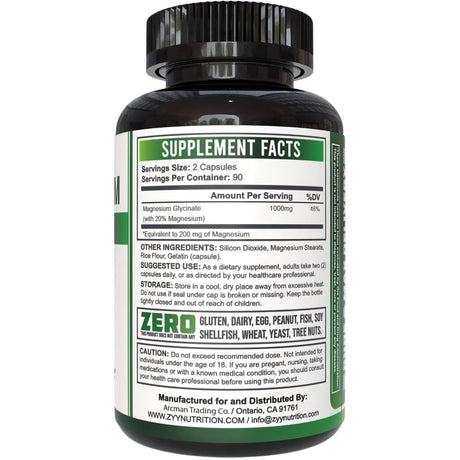 Información del suplemento ZYY Nutrition glicinato de magnesio con 200 mg de magnesio por porción